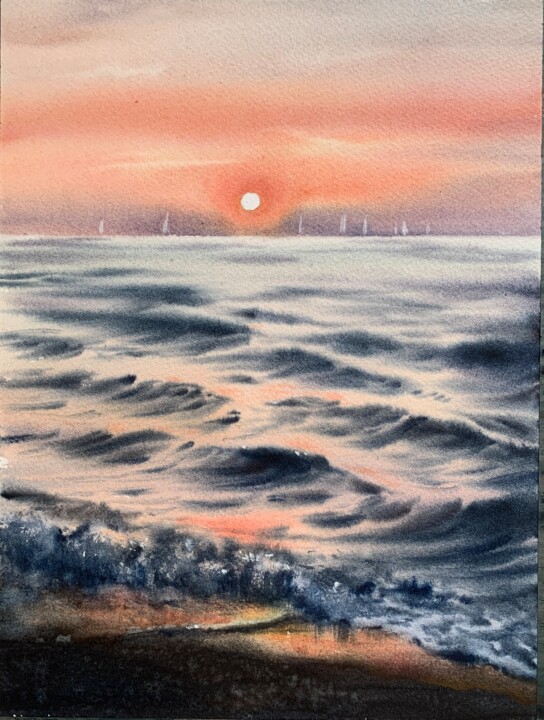 Картина под названием "ORANGE SUNSET #7" - Eugenia Gorbacheva, Подлинное произведение искусства, Акварель