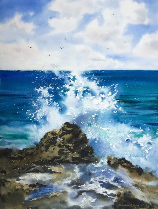 Картина под названием "Waves and rocks #11" - Eugenia Gorbacheva, Подлинное произведение искусства, Акварель