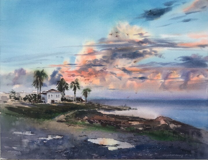 Malarstwo zatytułowany „Sea coast of Cyprus…” autorstwa Eugenia Gorbacheva, Oryginalna praca, Akwarela