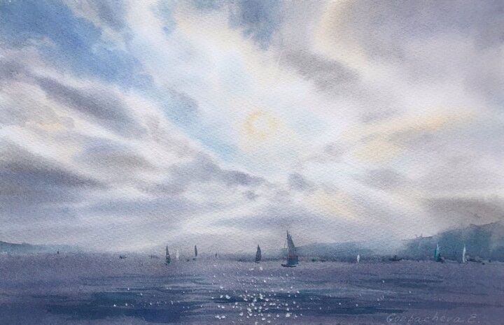Картина под названием "Yachts at sea #17" - Eugenia Gorbacheva, Подлинное произведение искусства, Акварель