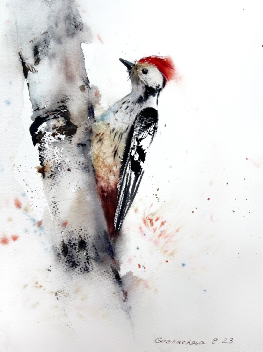 Painting titled "Woodpecker on a tree" by Eugenia Gorbacheva, Original Artwork, Watercolor