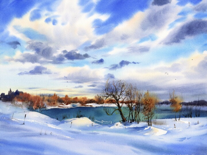 Painting titled "Winter day" by Eugenia Gorbacheva, Original Artwork, Watercolor