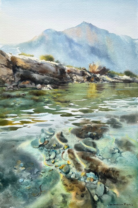 Painting titled "Sea ​​and stones #4" by Eugenia Gorbacheva, Original Artwork, Watercolor