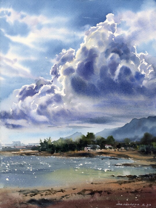 Peinture intitulée "Sea coast of Cyprus…" par Eugenia Gorbacheva, Œuvre d'art originale, Aquarelle