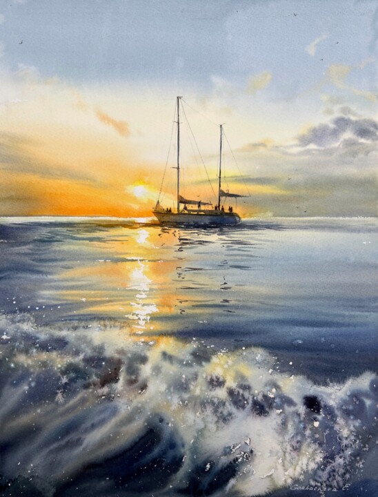 Painting titled "Yacht at Sunset #9" by Eugenia Gorbacheva, Original Artwork, Watercolor