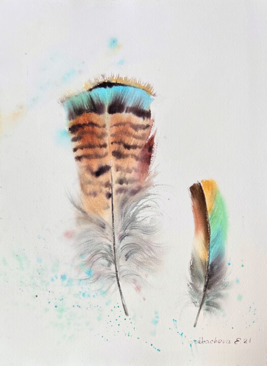 Painting titled "Feathers #5" by Eugenia Gorbacheva, Original Artwork, Watercolor