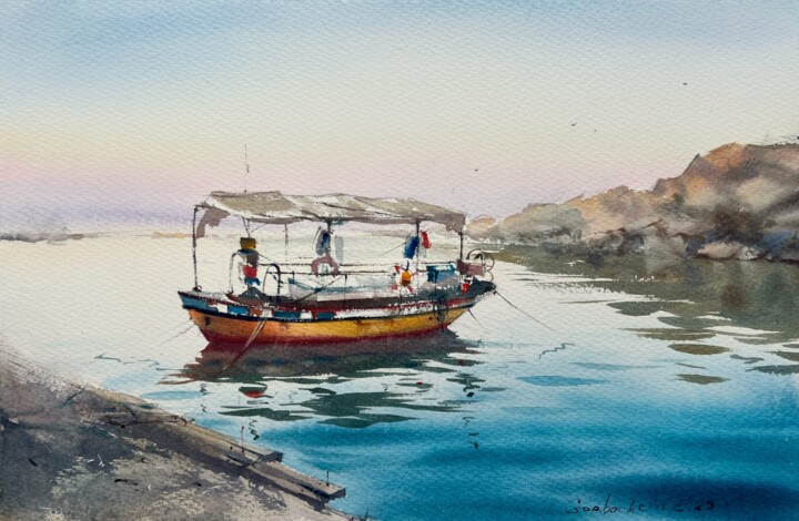 Картина под названием "Boat on the pier #4" - Eugenia Gorbacheva, Подлинное произведение искусства, Акварель