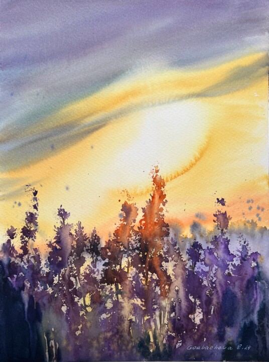 Painting titled "Lavender sunset" by Eugenia Gorbacheva, Original Artwork, Watercolor