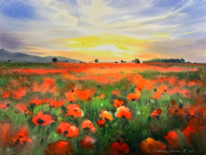 Ζωγραφική με τίτλο "Poppy field at suns…" από Eugenia Gorbacheva, Αυθεντικά έργα τέχνης, Ακουαρέλα