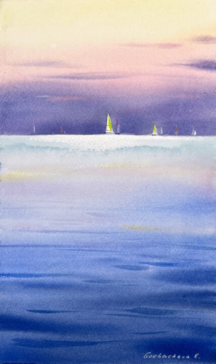 Painting titled "Yachts at sunset #15" by Eugenia Gorbacheva, Original Artwork, Watercolor