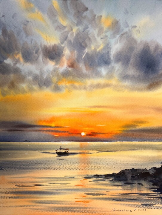 Painting titled "Orange sunset #25" by Eugenia Gorbacheva, Original Artwork, Watercolor