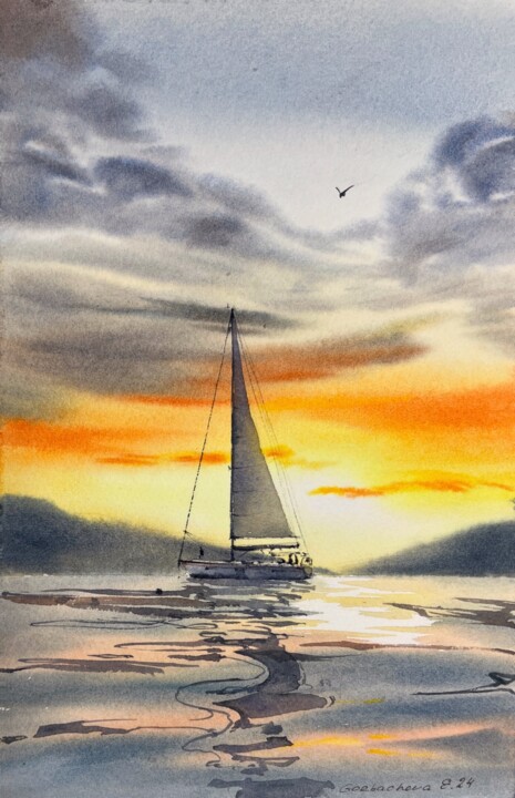 Schilderij getiteld "Yacht at sunset #15" door Eugenia Gorbacheva, Origineel Kunstwerk, Aquarel