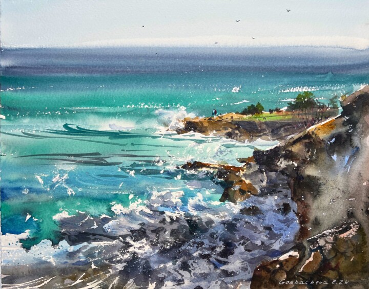 Painting titled "Waves and rocks #21" by Eugenia Gorbacheva, Original Artwork, Watercolor