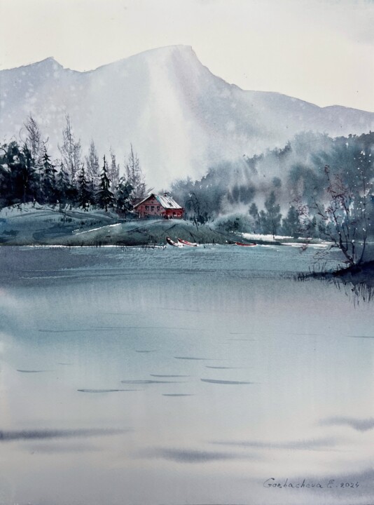 Painting titled "House by the lake" by Eugenia Gorbacheva, Original Artwork, Watercolor