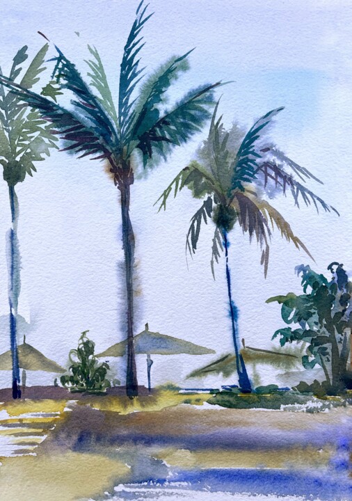 Rysunek zatytułowany „Palm trees 1” autorstwa Eugenie Eremeichuk, Oryginalna praca, Akwarela