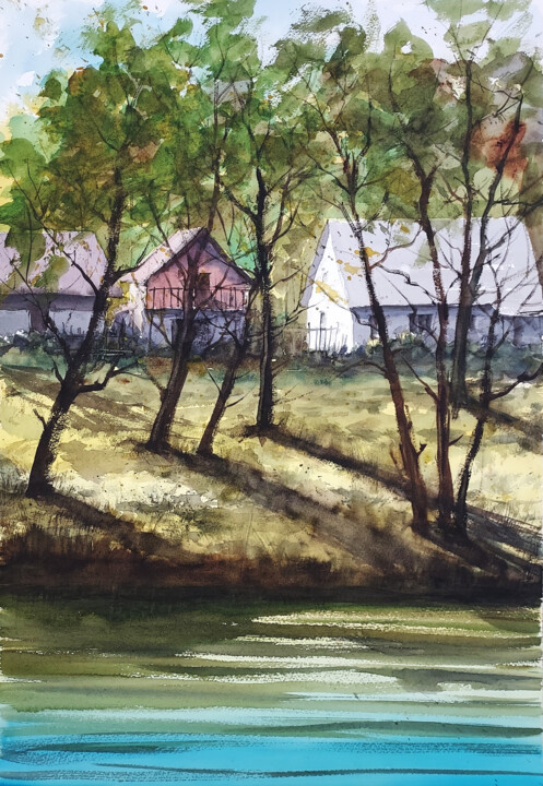 Painting titled "Farm by the river" by Eugis Eidukaitis, Original Artwork, Watercolor