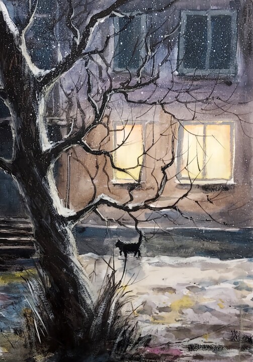 Painting titled "I'm coming home..." by Eugis Eidukaitis, Original Artwork, Watercolor