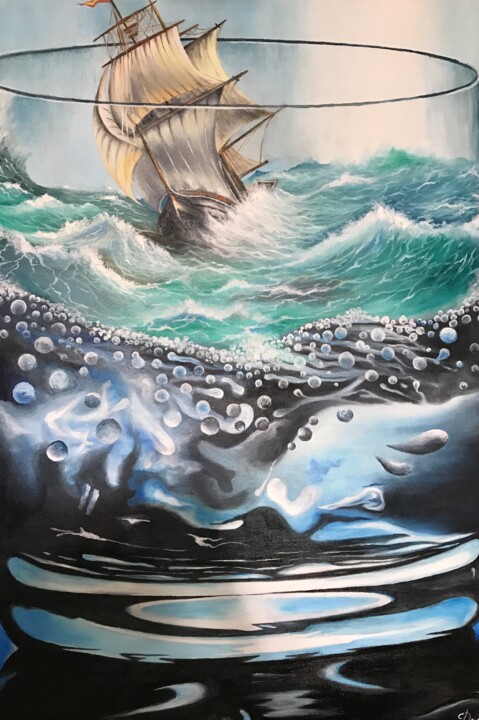 Painting titled "Storm in glass of w…" by Cezar Dron, Original Artwork, Oil