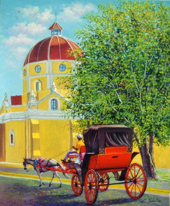 Painting titled "COCHE DETRAS DE LA…" by Eusebio Vidal, Original Artwork, Oil