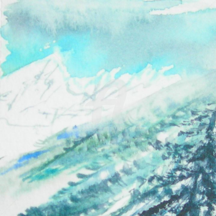 Painting titled "MONTAGNE turquoise.…" by Ev.A. Ramlot, Original Artwork, Watercolor