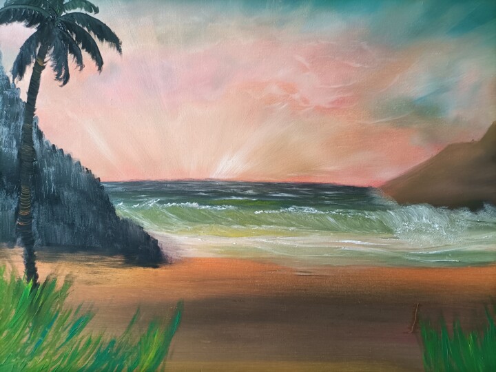 Painting titled "Paradisiaque" by Eva Andre, Original Artwork, Oil Mounted on Wood Stretcher frame