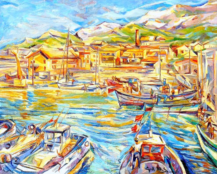 Painting titled "Le port de Madrague…" by Eva Ars, Original Artwork, Oil