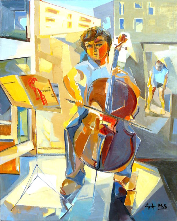 Malerei mit dem Titel "Le petit violoncell…" von Eva Ars, Original-Kunstwerk, Öl