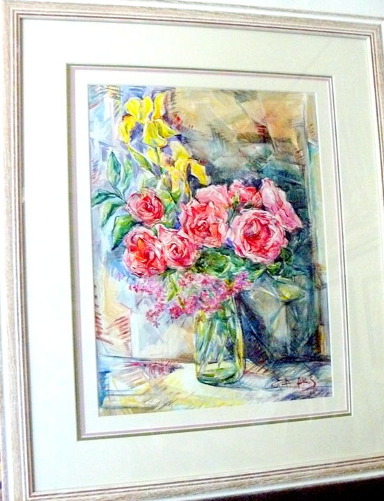 Painting titled "Le bouquet de roses…" by Eva Ars, Original Artwork, Watercolor Mounted on Glass