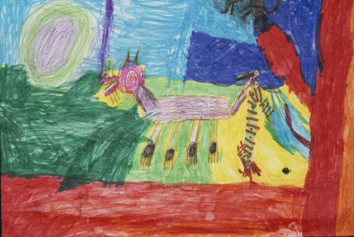 Рисунок под названием "Собака и Луна" - Ева Аржаных, Подлинное произведение искусства, Цветные карандаши