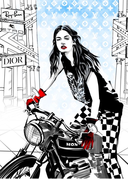 Arte digitale intitolato "biker girl" da Evgeniya Abramova, Opera d'arte originale, Pittura digitale