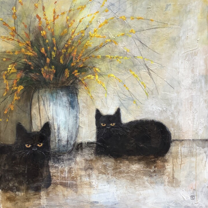 Painting titled "BLACK CATS" by Eva Fialka, Original Artwork, Acrylic Mounted on Wood Stretcher frame