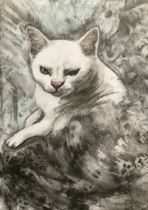 Painting titled "CHAT BLANC" by Eva Fialka, Original Artwork, Watercolor