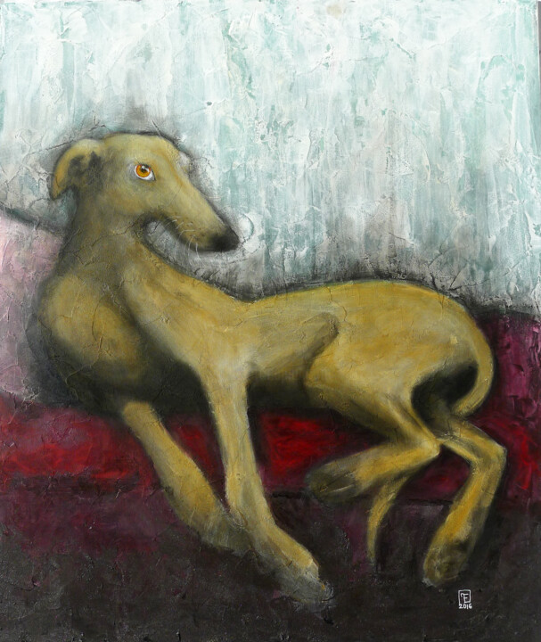 Pintura titulada "YELLOW DOG" por Eva Fialka, Obra de arte original, Acrílico