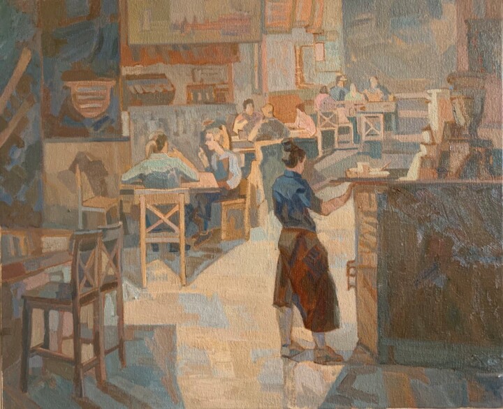 Schilderij getiteld "Breakfast at the ca…" door Eva Gets, Origineel Kunstwerk, Olie Gemonteerd op Frame voor houten brancard