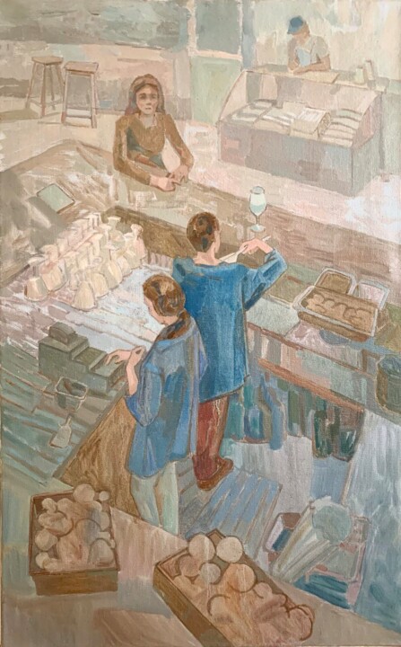 Painting titled "Behind the bar" by Eva Gets, Original Artwork, Oil Mounted on Wood Stretcher frame