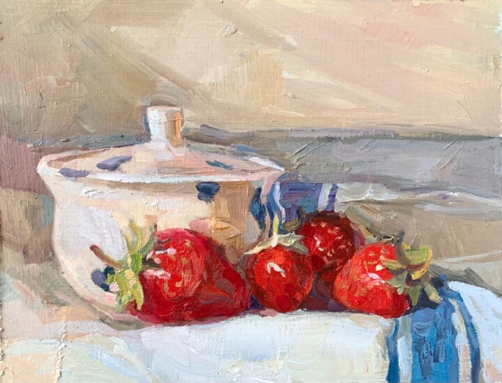 Painting titled "Strawberry Miracle" by Eva Gets, Original Artwork, Oil Mounted on Wood Panel