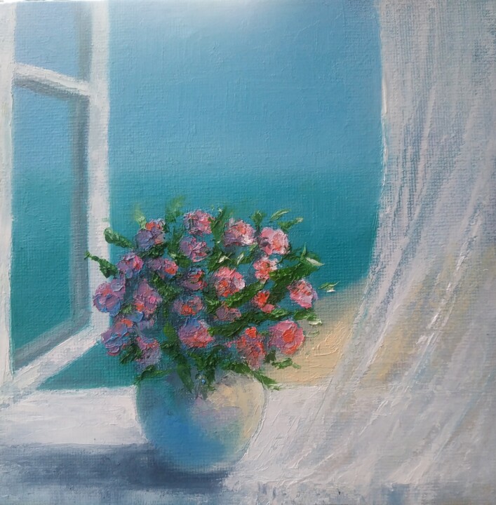 Картина под названием "Окно, цветы, море:…" - Eva Lazaryan, Подлинное произведение искусства, Масло Установлен на картон