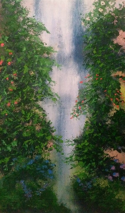 Schilderij getiteld "Водопад среди пышно…" door Eva Lazaryan, Origineel Kunstwerk, Olie Gemonteerd op Houten paneel