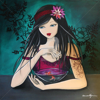 Sayoko - Peinture, 80x80 cm ©2011 par eva lhyn -
Portraiture, Tableau, toile, acrylique, femme, rouge, motifs, fleurs, rouge à lèvres, tatouage, poisson rouge, bocal