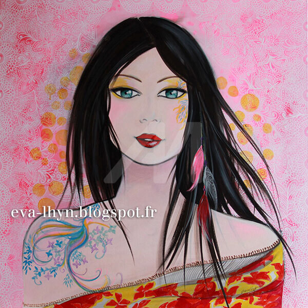 Iona - Peinture, 80x80 cm ©2013 par eva lhyn -
Portraiture, Femme, rouge, motifs, plume, rouge à lèvres, tatouage, colibri, oiseau, tableau, toile, acrylique, fluo