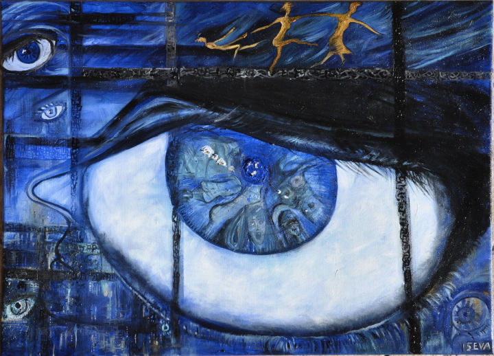 Painting titled "Oeil bleu" by Eva Mifsud, Original Artwork, Oil