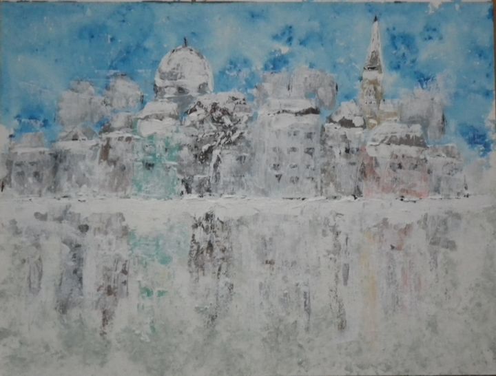 Painting titled "snowfall in the city" by Éva Mihalovics, Original Artwork, Acrylic