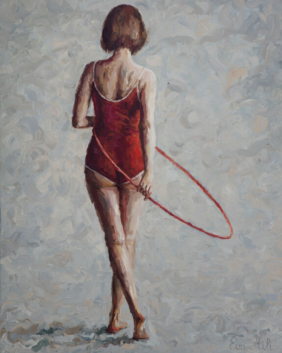 Painting titled "Woman with Red Hoop…" by Eva Mili, Original Artwork, Oil