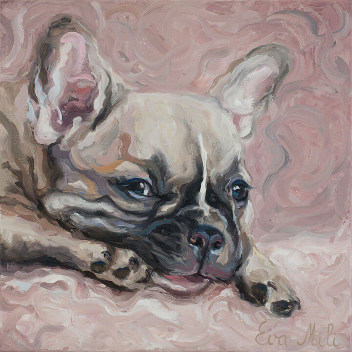 Painting titled "Baby Pink Bulldog" by Eva Mili, Original Artwork, Oil Mounted on Wood Stretcher frame