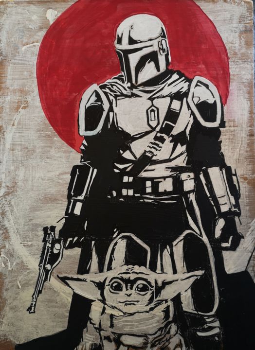 Peinture intitulée "Mandalorian vs Yoda" par Eva Pantera, Œuvre d'art originale, Acrylique