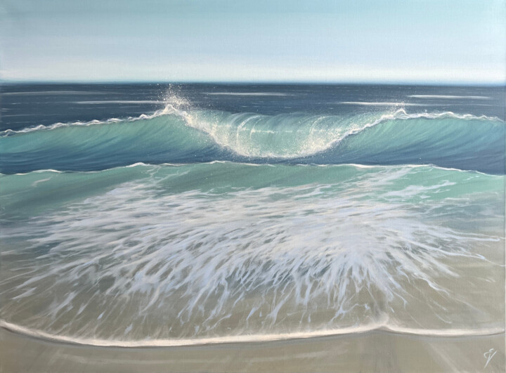 Painting titled "Wave Watching" by Eva Volf, Original Artwork, Oil Mounted on Wood Stretcher frame