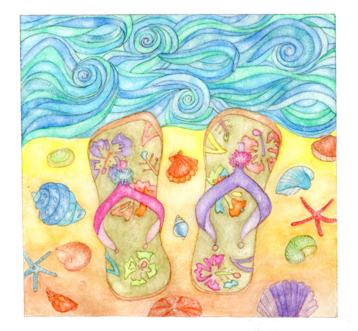 Картина под названием "Beach Time!" - Eva B Art Watercolours, Подлинное произведение искусства, Акварель