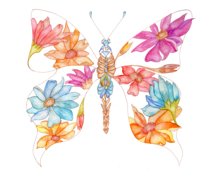 Картина под названием "Floral Butterfly" - Eva B Art Watercolours, Подлинное произведение искусства, Акварель