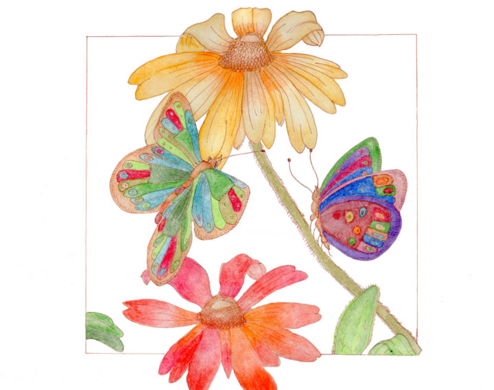 Painting titled "Flowers and butterf…" by Eva B Art Watercolours, Original Artwork, Watercolor