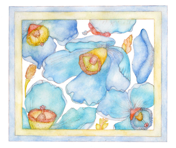 Drawing titled "Blue Flowers" by Eva B Art Watercolours, Original Artwork